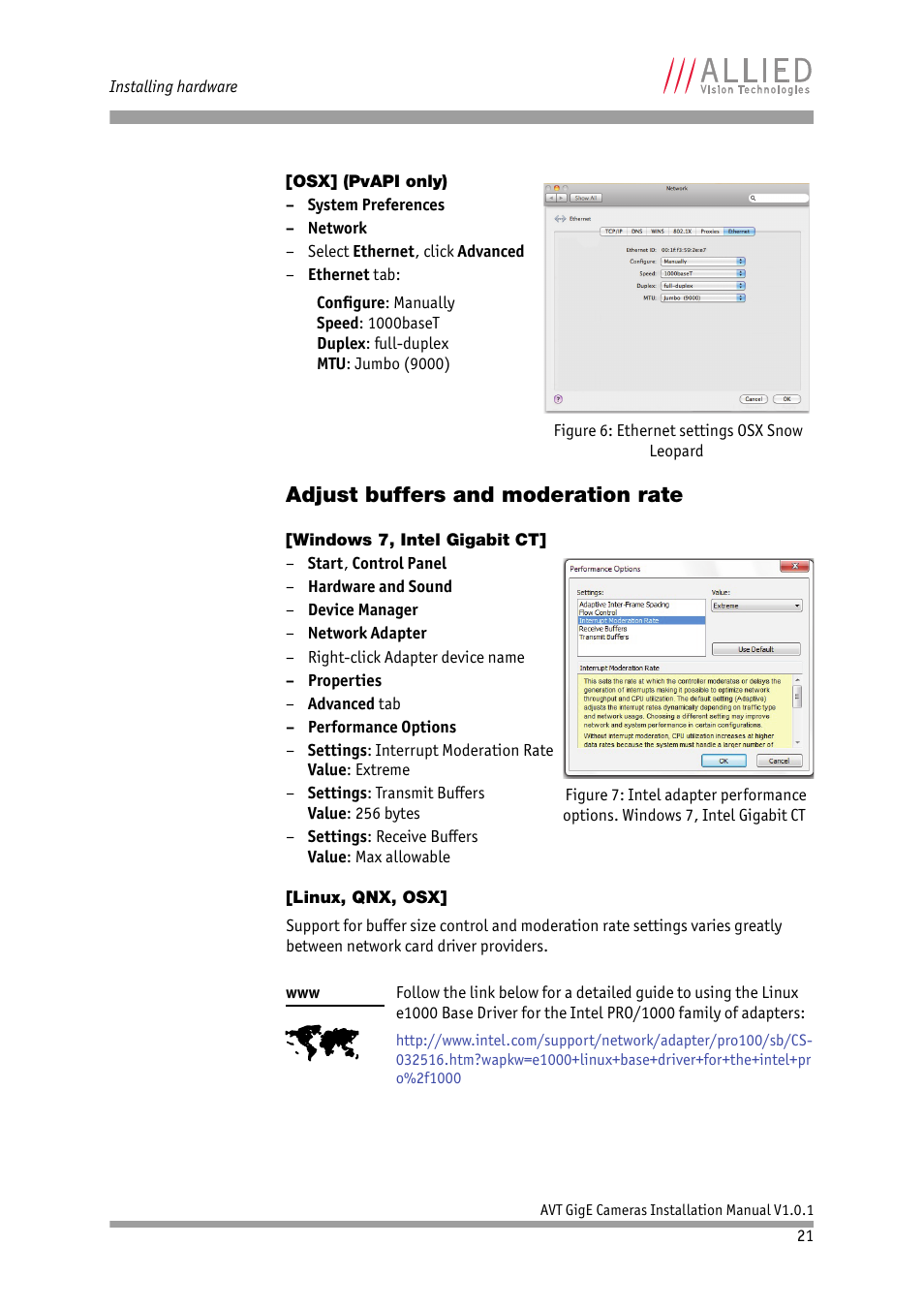 Osx] (pvapi only), Adjust buffers and moderation rate, Windows 7, intel gigabit ct | Linux, qnx, osx | ALLIED Vision Technologies AVT GigE Vision Cameras User Manual | Page 21 / 53