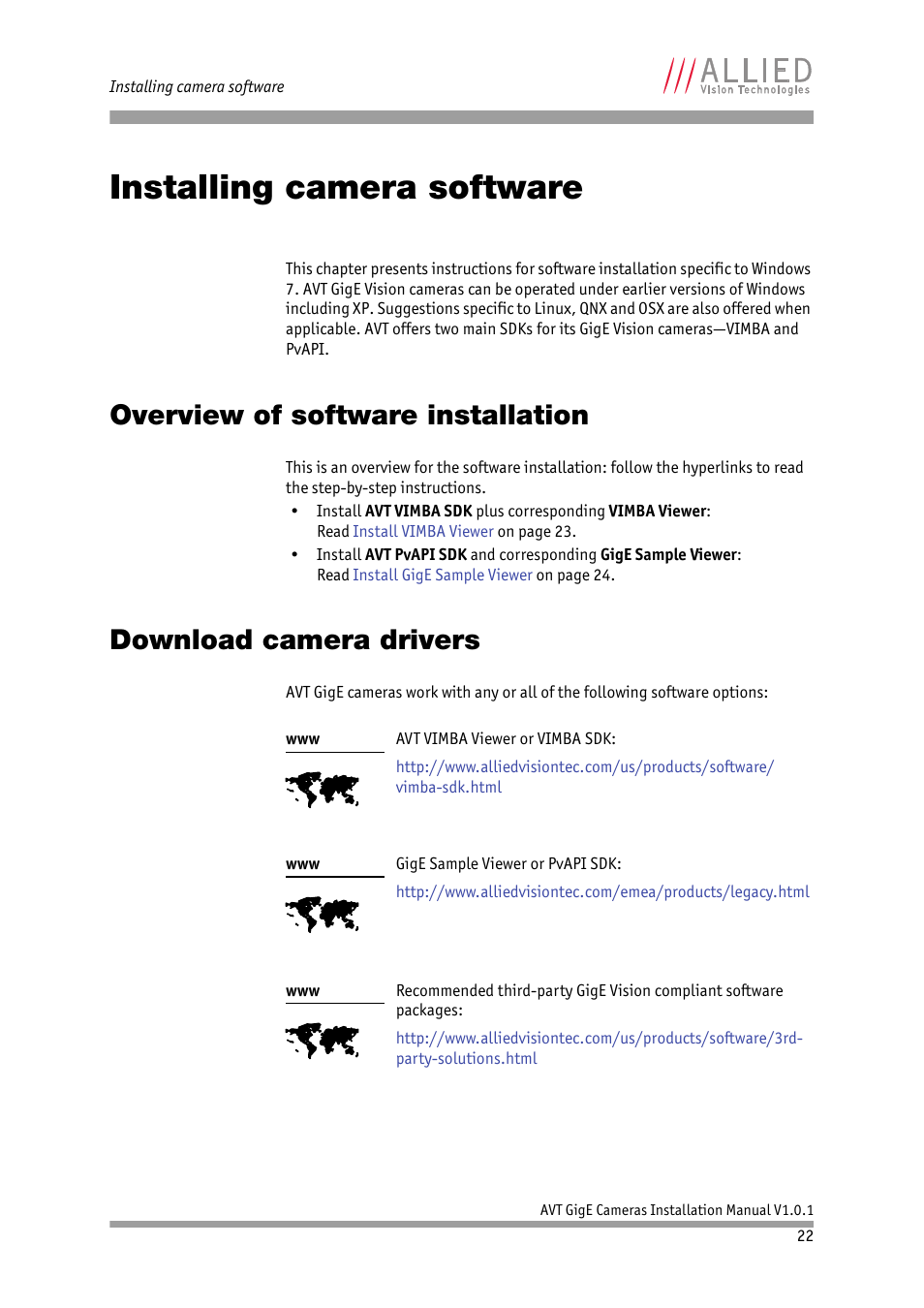 Installing camera software, Overview of software installation, Download camera drivers | See chapter | ALLIED Vision Technologies AVT GigE Vision Cameras User Manual | Page 22 / 53