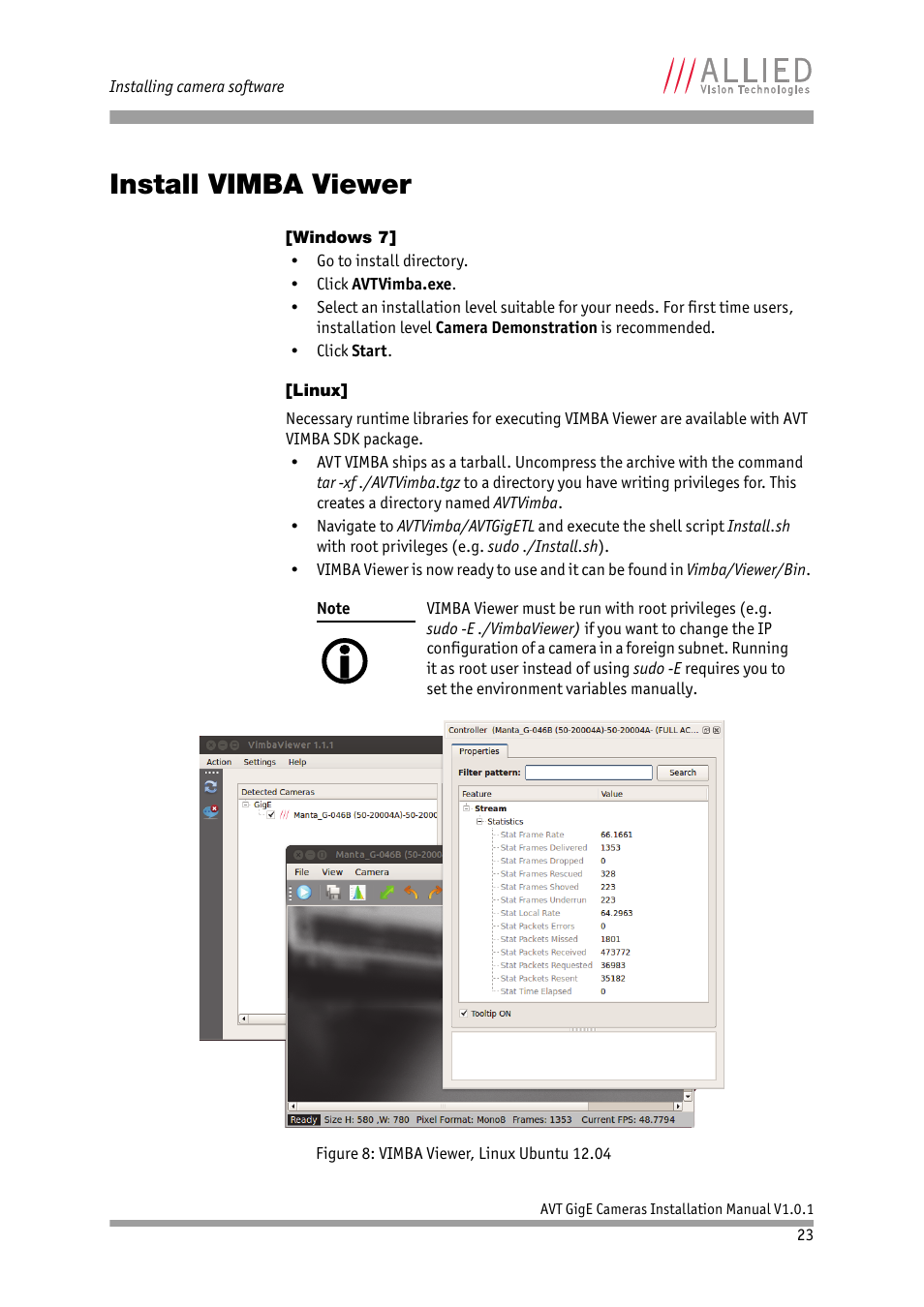 Install vimba viewer, Windows 7, Linux | ALLIED Vision Technologies AVT GigE Vision Cameras User Manual | Page 23 / 53