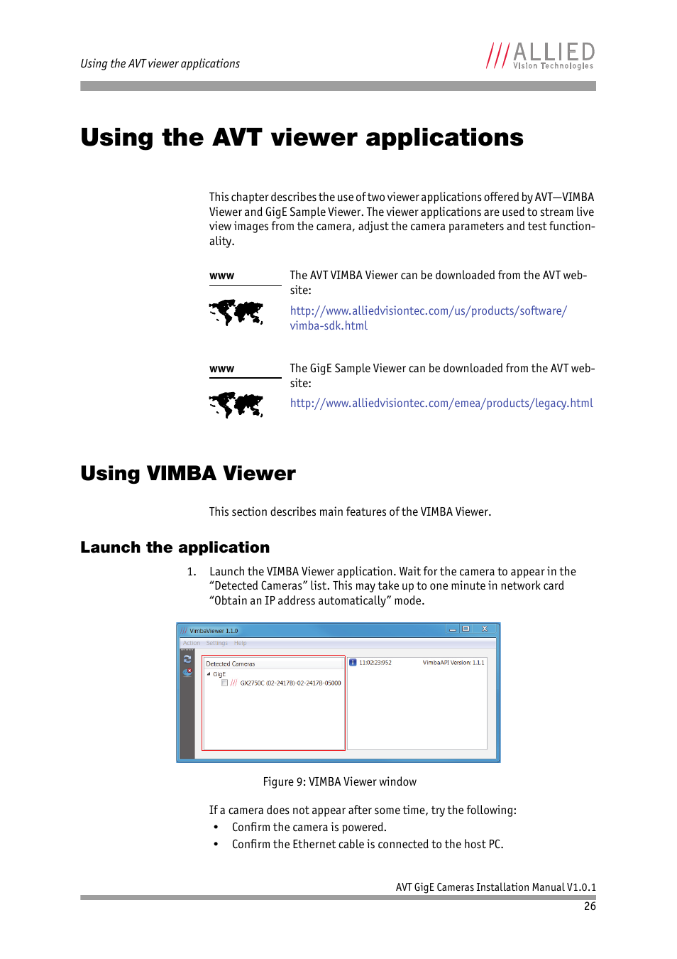 Using the avt viewer applications, Using vimba viewer, Launch the application | Ead chapter | ALLIED Vision Technologies AVT GigE Vision Cameras User Manual | Page 26 / 53