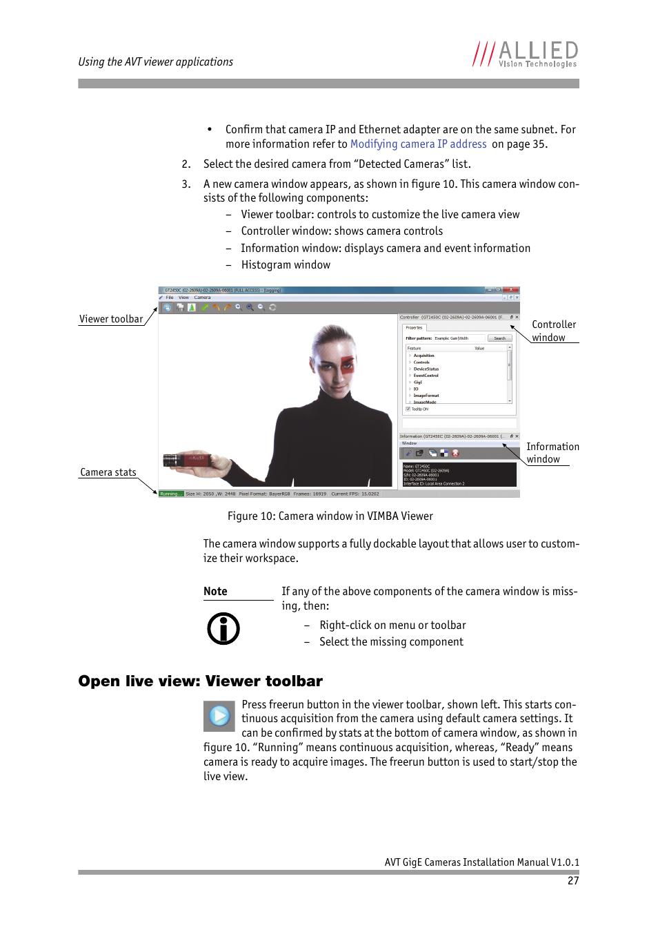 Open live view: viewer toolbar | ALLIED Vision Technologies AVT GigE Vision Cameras User Manual | Page 27 / 53