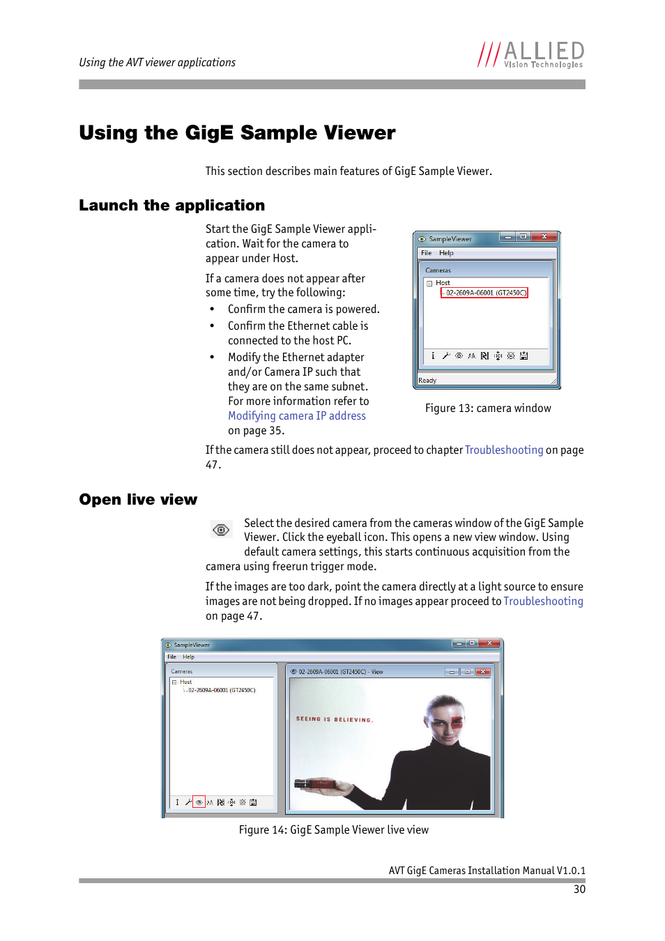 Using the gige sample viewer, Launch the application, Open live view | Launch the application open live view | ALLIED Vision Technologies AVT GigE Vision Cameras User Manual | Page 30 / 53