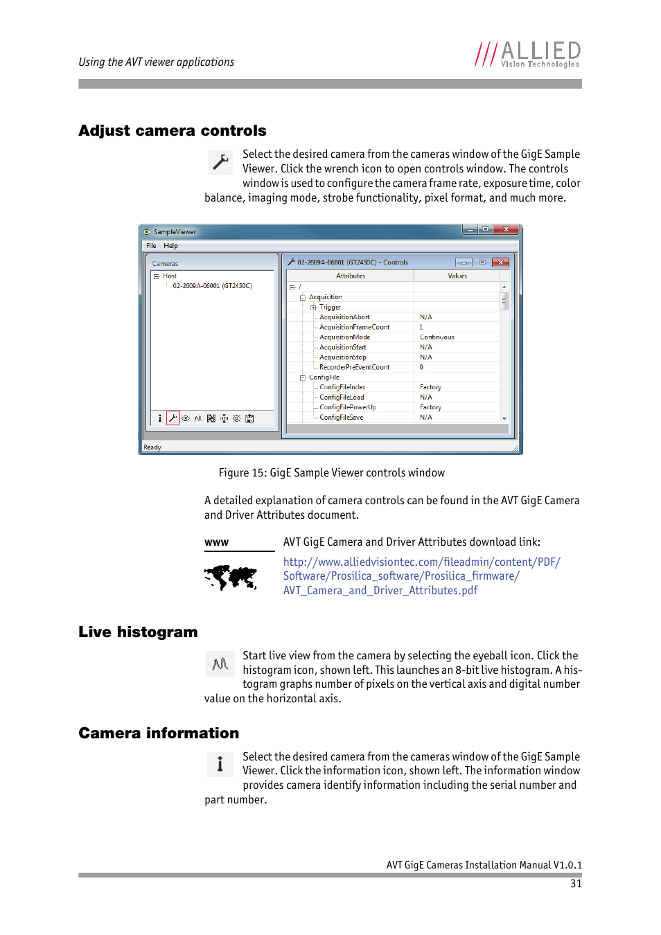 Adjust camera controls, Live histogram, Camera information | ALLIED Vision Technologies AVT GigE Vision Cameras User Manual | Page 31 / 53