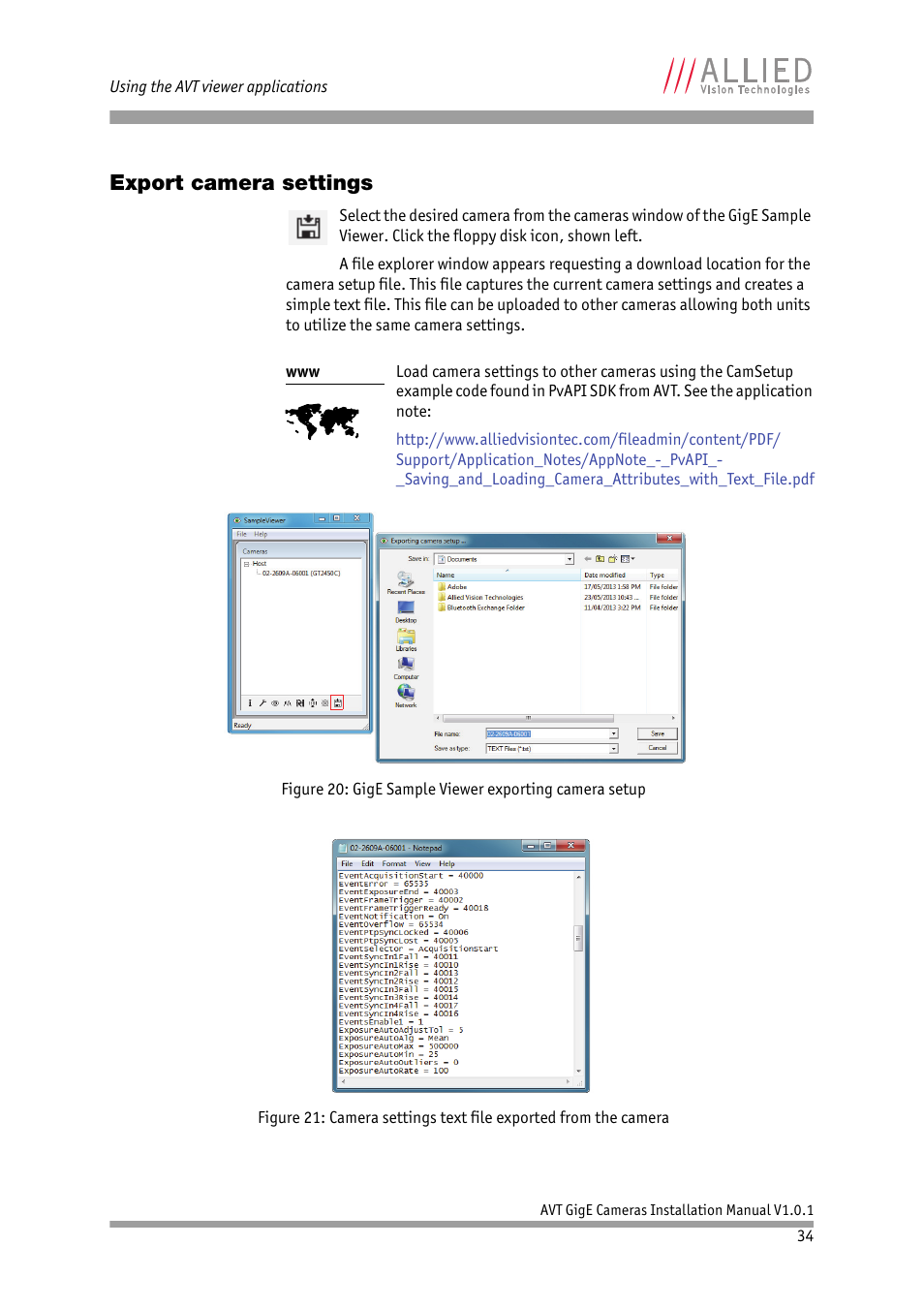 Export camera settings | ALLIED Vision Technologies AVT GigE Vision Cameras User Manual | Page 34 / 53