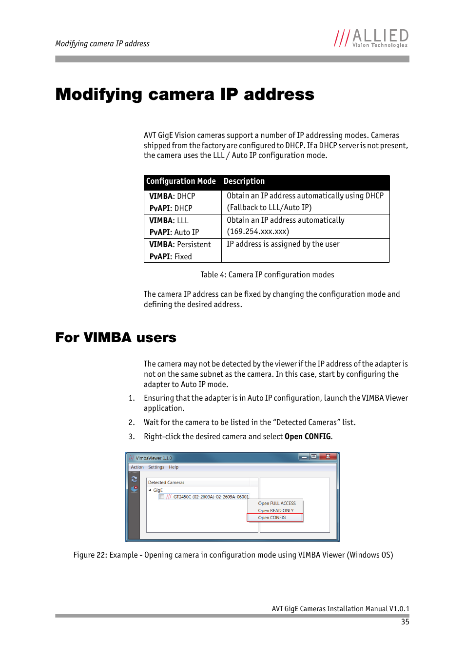 Modifying camera ip address, For vimba users | ALLIED Vision Technologies AVT GigE Vision Cameras User Manual | Page 35 / 53