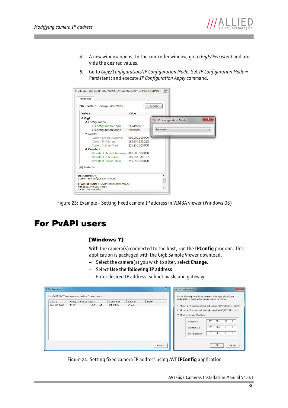For pvapi users, Windows 7 | ALLIED Vision Technologies AVT GigE Vision Cameras User Manual | Page 36 / 53