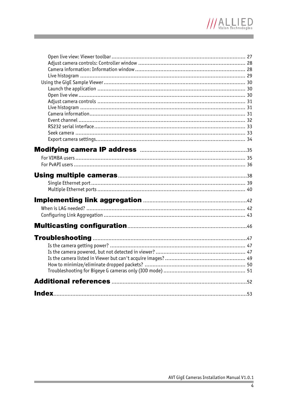 Modifying camera ip address, Using multiple cameras, Implementing link aggregation | Multicasting configuration, Troubleshooting, Additional references, Index | ALLIED Vision Technologies AVT GigE Vision Cameras User Manual | Page 4 / 53