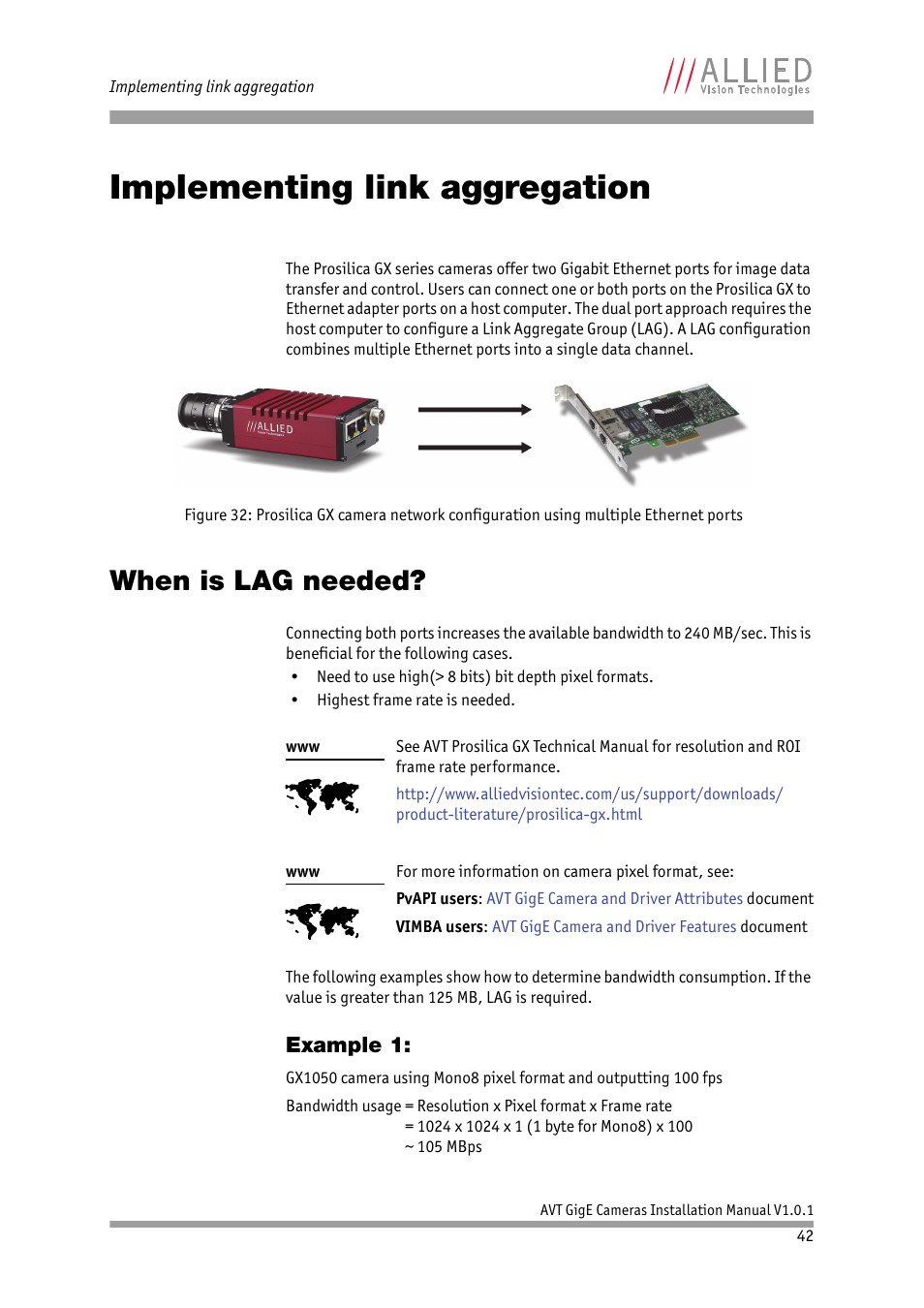 Implementing link aggregation, When is lag needed, Example 1 | ALLIED Vision Technologies AVT GigE Vision Cameras User Manual | Page 42 / 53