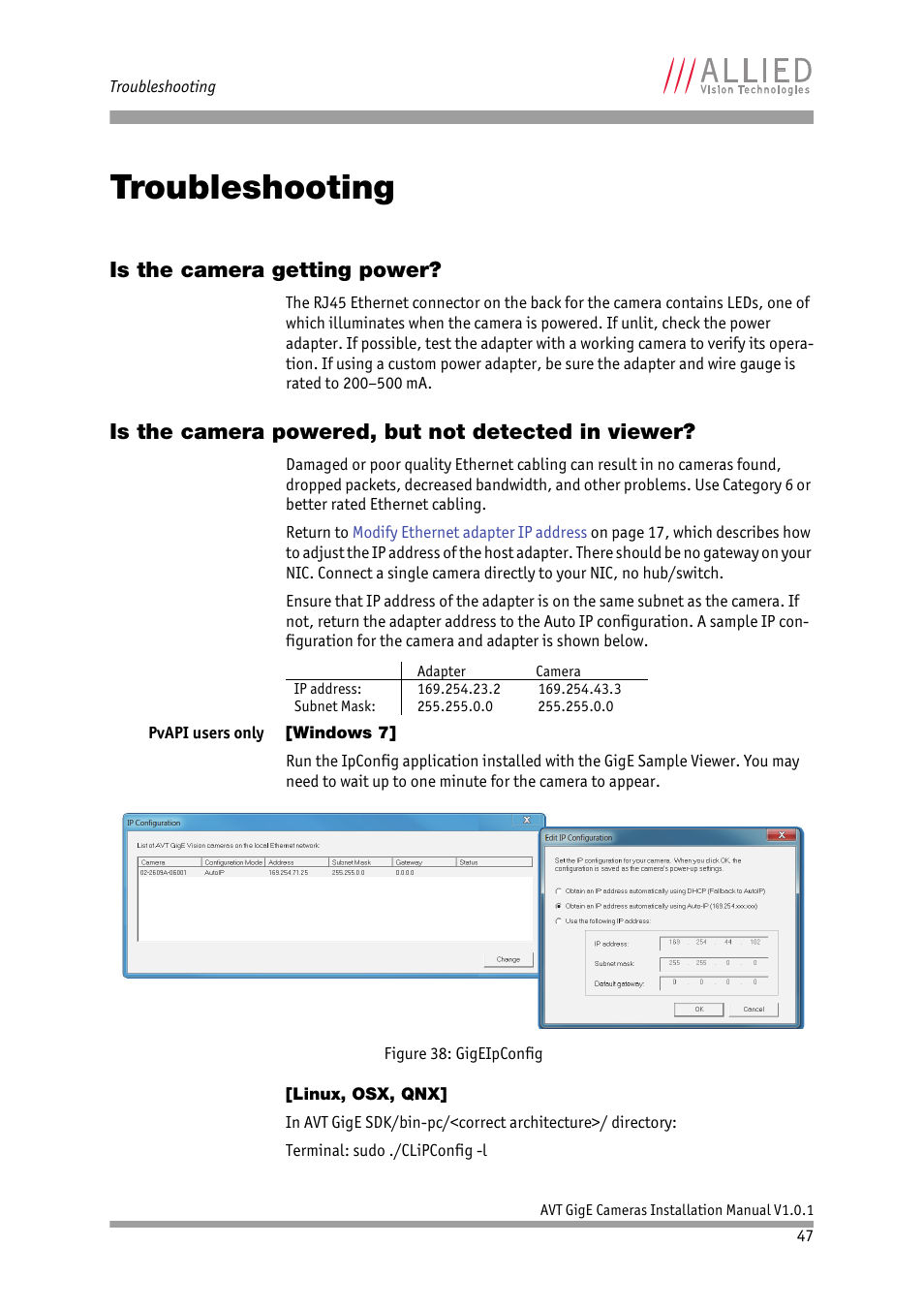 Troubleshooting, Is the camera getting power, Is the camera powered, but not detected in viewer | Windows 7, Linux, osx, qnx, To chapter, Trouble, Shooting, Chapter | ALLIED Vision Technologies AVT GigE Vision Cameras User Manual | Page 47 / 53
