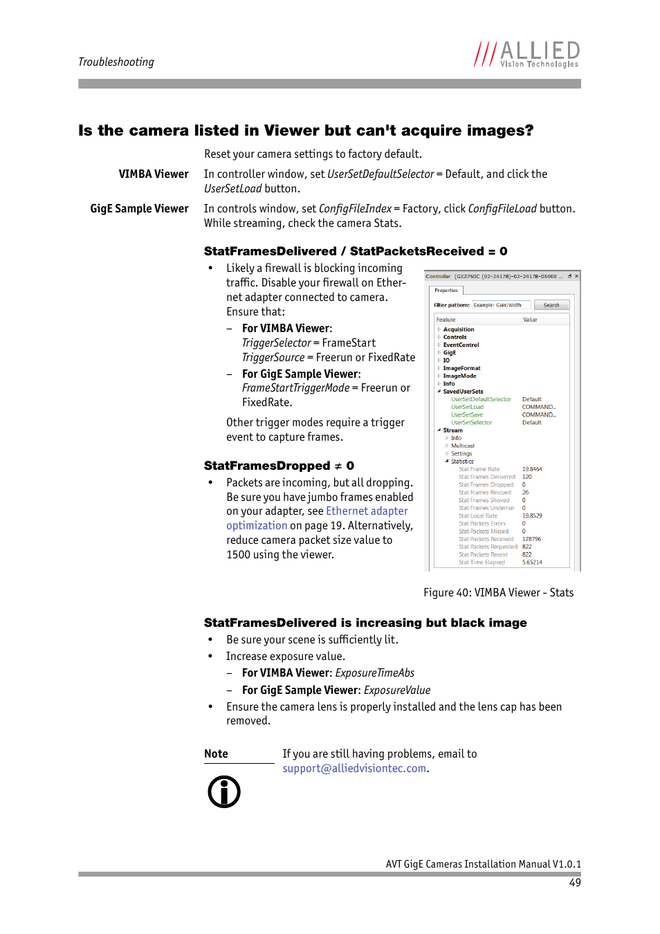 Statframesdelivered / statpacketsreceived = 0, Statframesdropped ≠ 0, Statframesdelivered is increasing but black image | ALLIED Vision Technologies AVT GigE Vision Cameras User Manual | Page 49 / 53