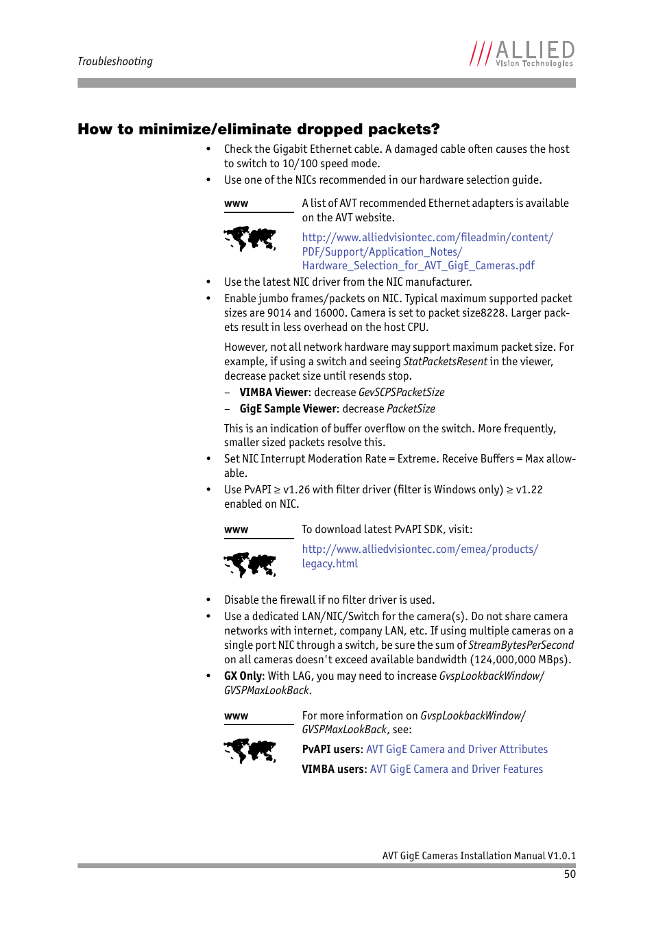 How to minimize/eliminate dropped packets | ALLIED Vision Technologies AVT GigE Vision Cameras User Manual | Page 50 / 53
