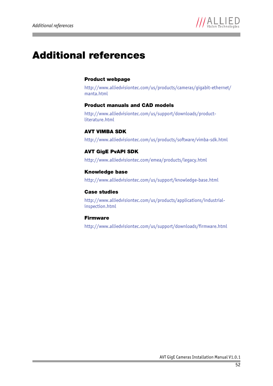 Additional references, Product manuals and cad models, Avt vimba sdk | Avt gige pvapi sdk, Knowledge base, Case studies, Firmware | ALLIED Vision Technologies AVT GigE Vision Cameras User Manual | Page 52 / 53