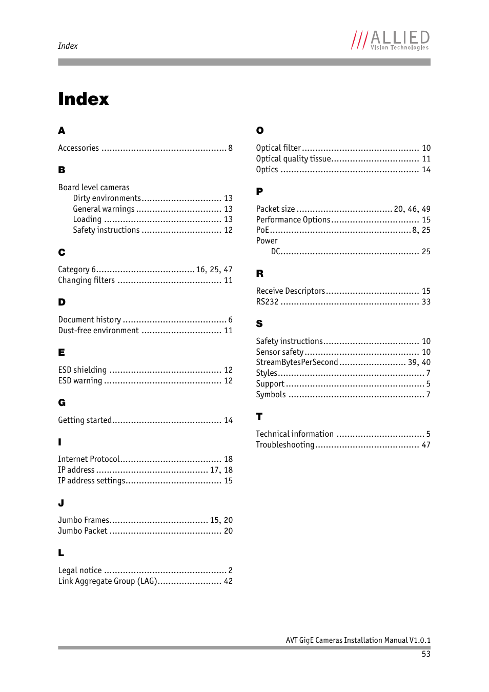Index | ALLIED Vision Technologies AVT GigE Vision Cameras User Manual | Page 53 / 53