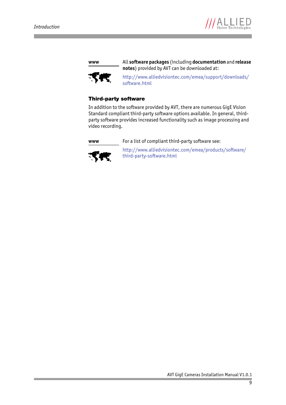 Third-party software | ALLIED Vision Technologies AVT GigE Vision Cameras User Manual | Page 9 / 53