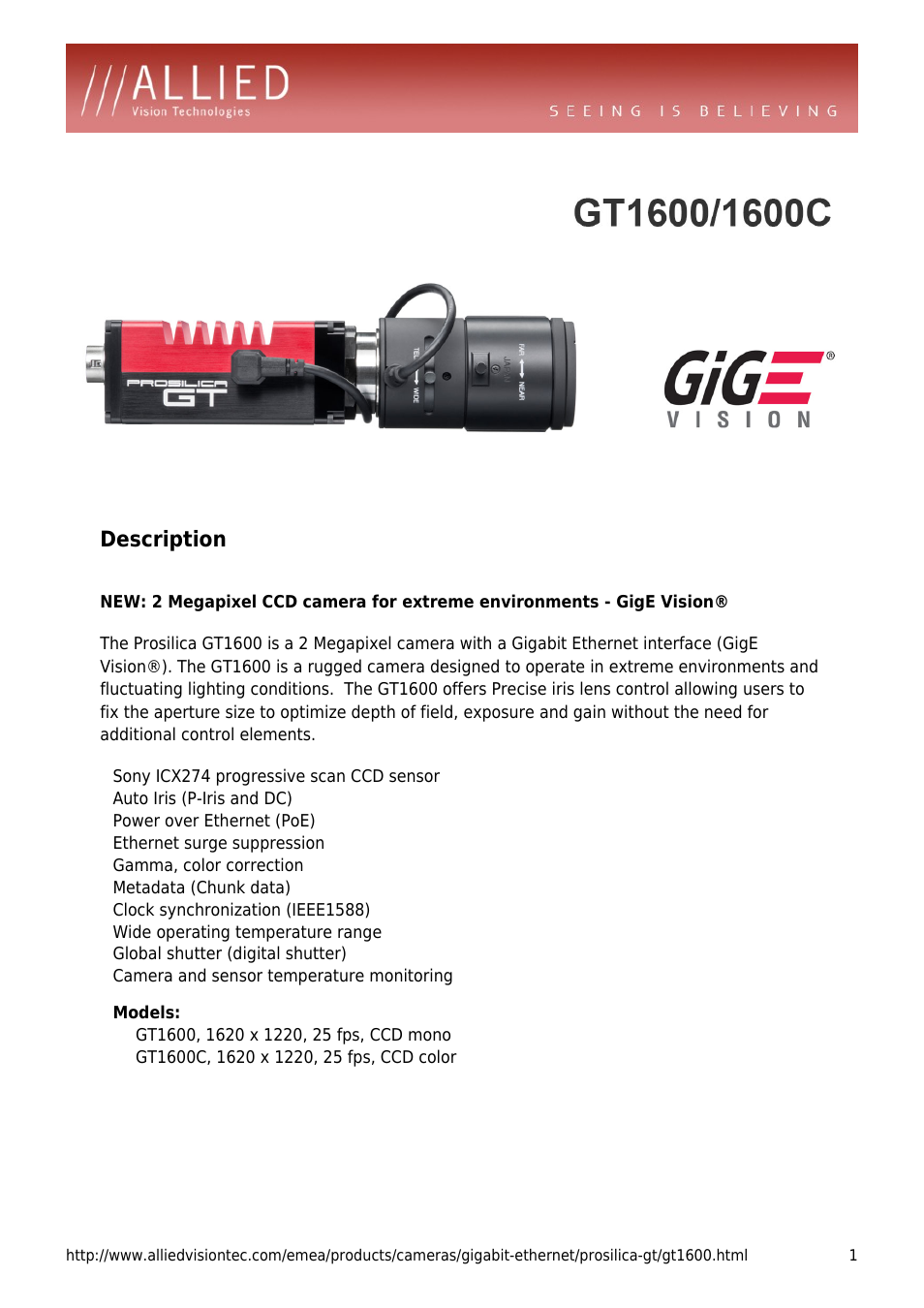 ALLIED Vision Technologies Prosilica GT1600 User Manual | 4 pages