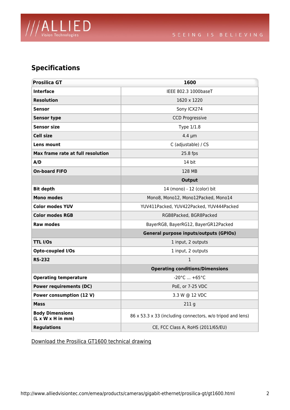 Specifications | ALLIED Vision Technologies Prosilica GT1600 User Manual | Page 2 / 4