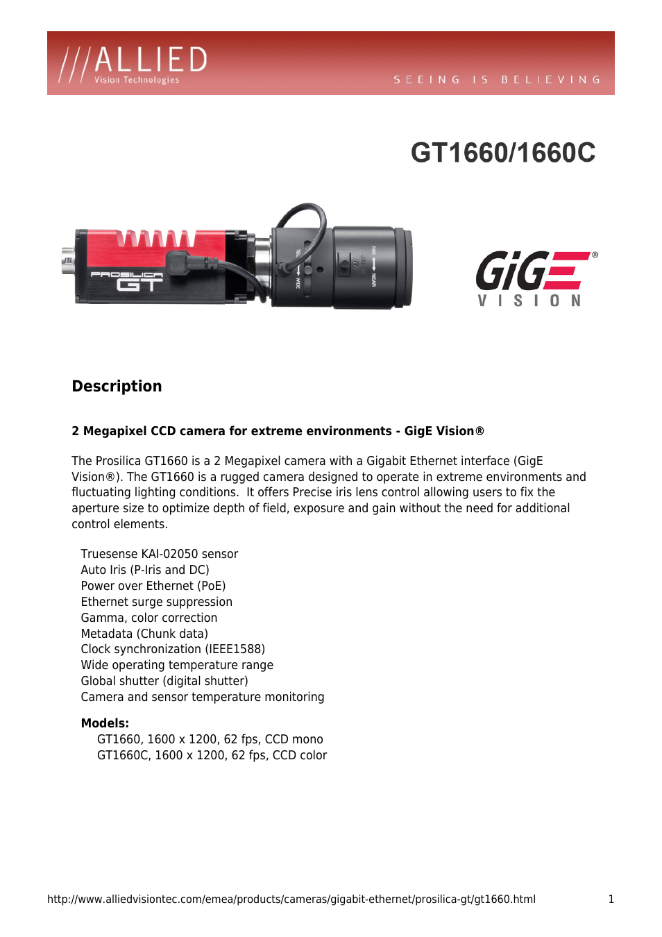 ALLIED Vision Technologies Prosilica GT1660 User Manual | 4 pages