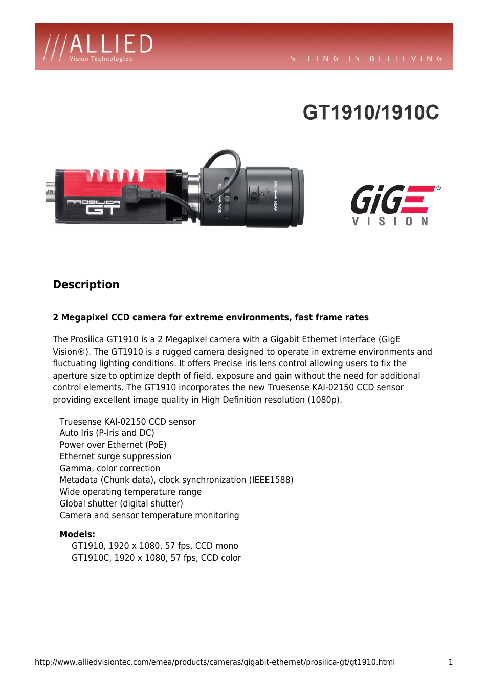 ALLIED Vision Technologies Prosilica GT1910 User Manual | 4 pages
