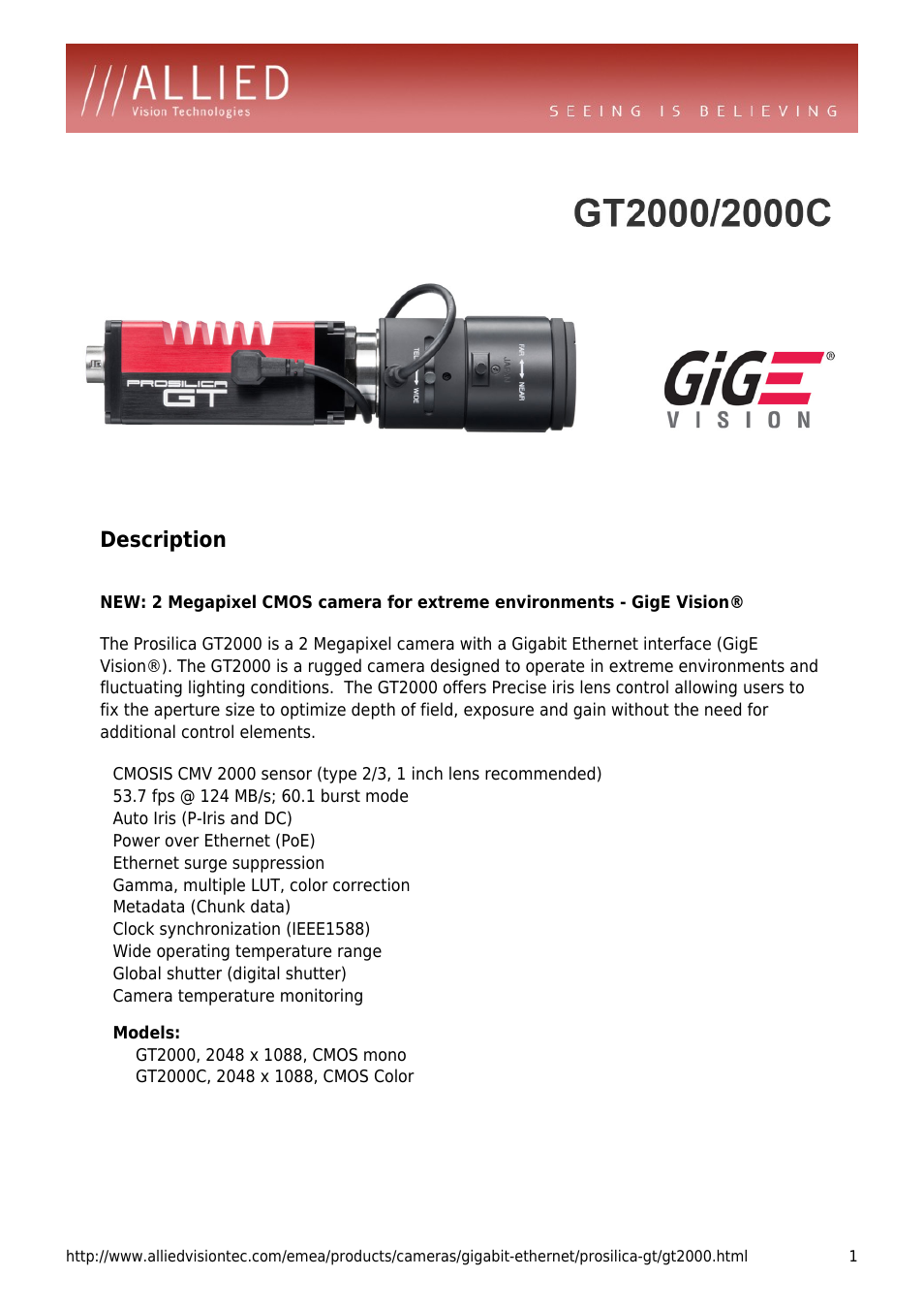 ALLIED Vision Technologies Prosilica GT2000 User Manual | 4 pages