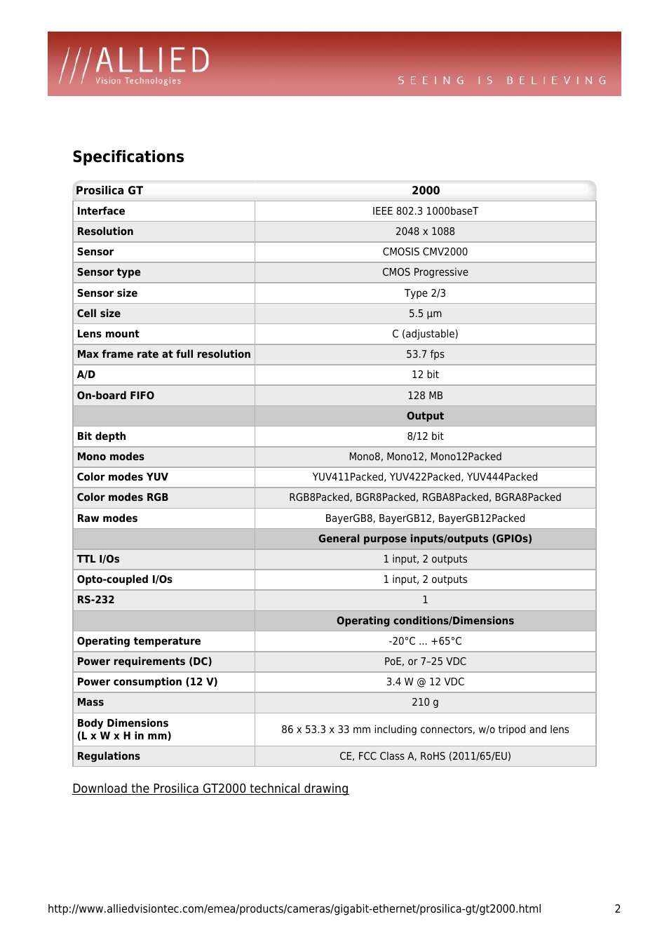 Specifications | ALLIED Vision Technologies Prosilica GT2000 User Manual | Page 2 / 4