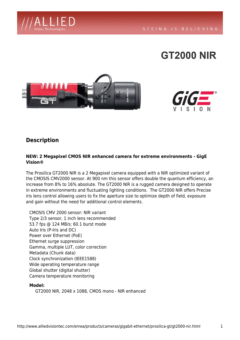 ALLIED Vision Technologies Prosilica GT2000 NIR User Manual | 4 pages