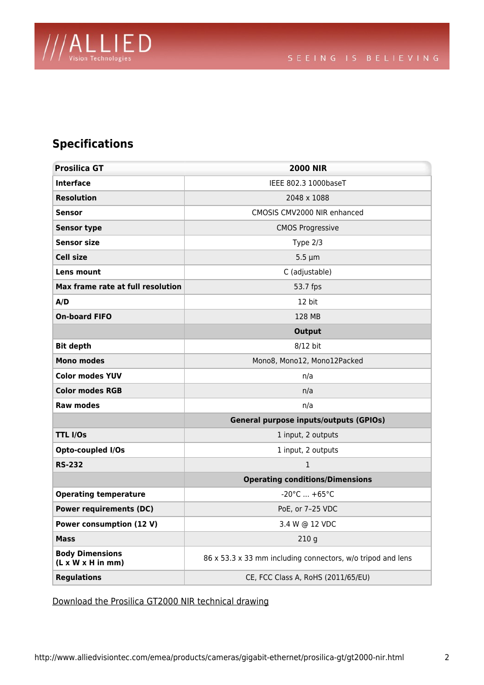 Specifications | ALLIED Vision Technologies Prosilica GT2000 NIR User Manual | Page 2 / 4