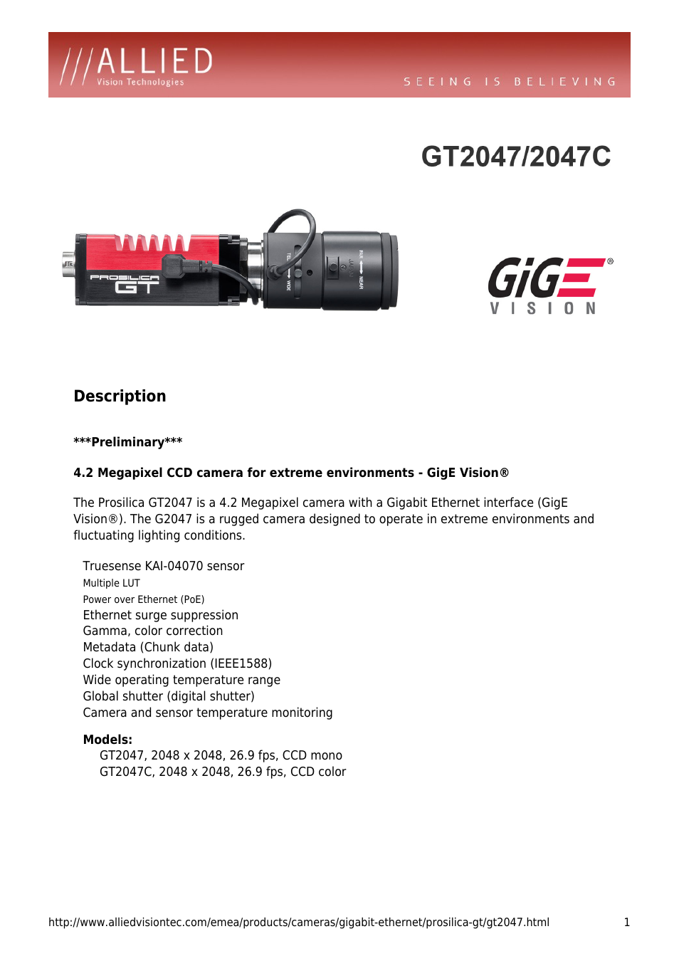 ALLIED Vision Technologies Prosilica GT2047 User Manual | 4 pages