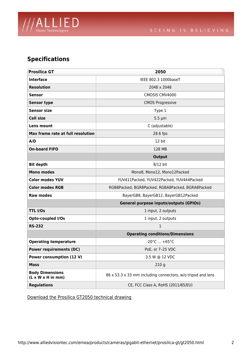 Specifications | ALLIED Vision Technologies Prosilica GT2050 User Manual | Page 2 / 4