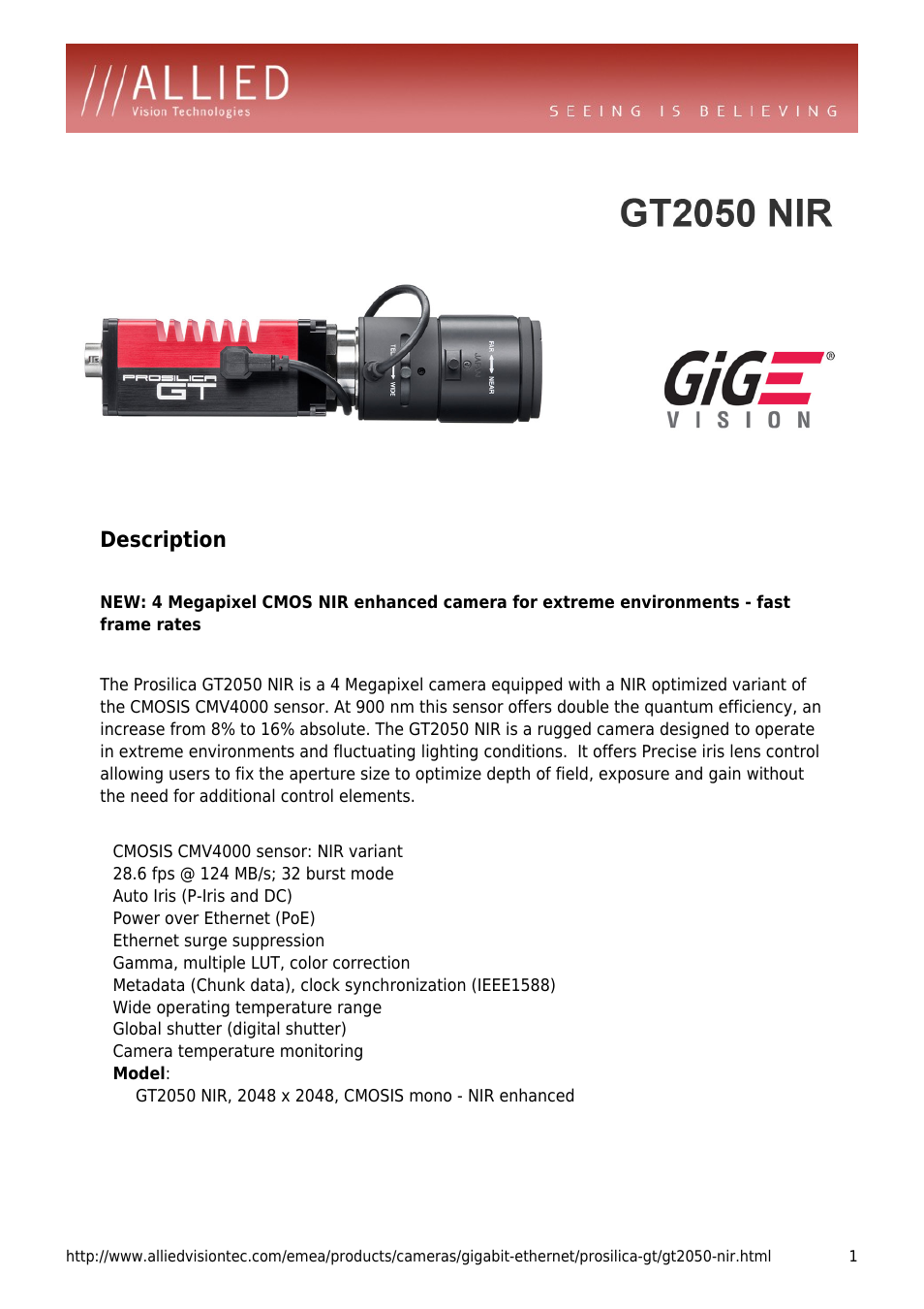 ALLIED Vision Technologies Prosilica GT2050 NIR User Manual | 4 pages