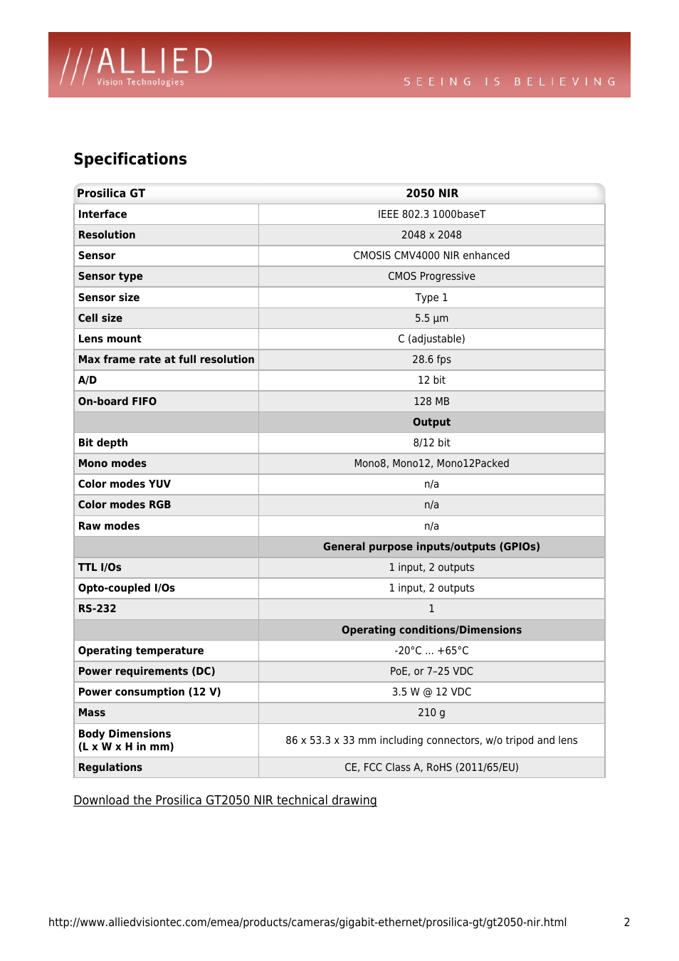 Specifications | ALLIED Vision Technologies Prosilica GT2050 NIR User Manual | Page 2 / 4