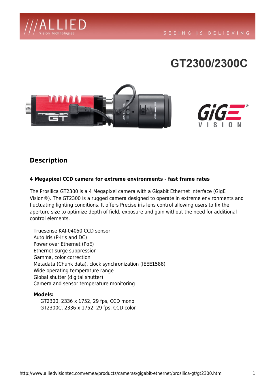 ALLIED Vision Technologies Prosilica GT2300 User Manual | 4 pages