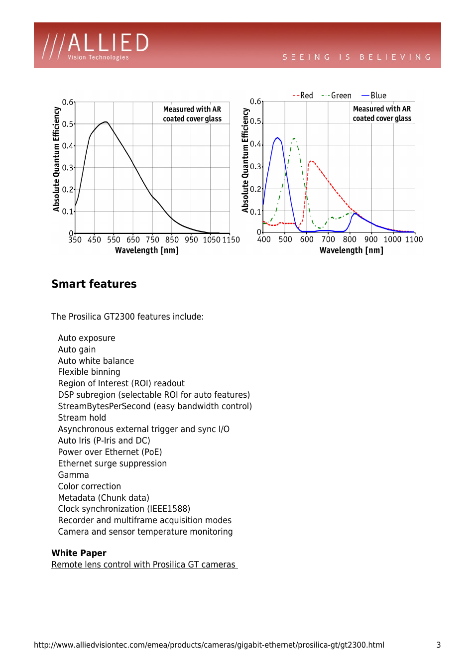 Smart features, Auto gain, Auto white balance | Flexible binning, Region of interest (roi) readout, Dsp subregion (selectable roi for auto features), Streambytespersecond (easy bandwidth control), Stream hold, Asynchronous external trigger and sync i/o, Auto iris (p-iris and dc) | ALLIED Vision Technologies Prosilica GT2300 User Manual | Page 3 / 4