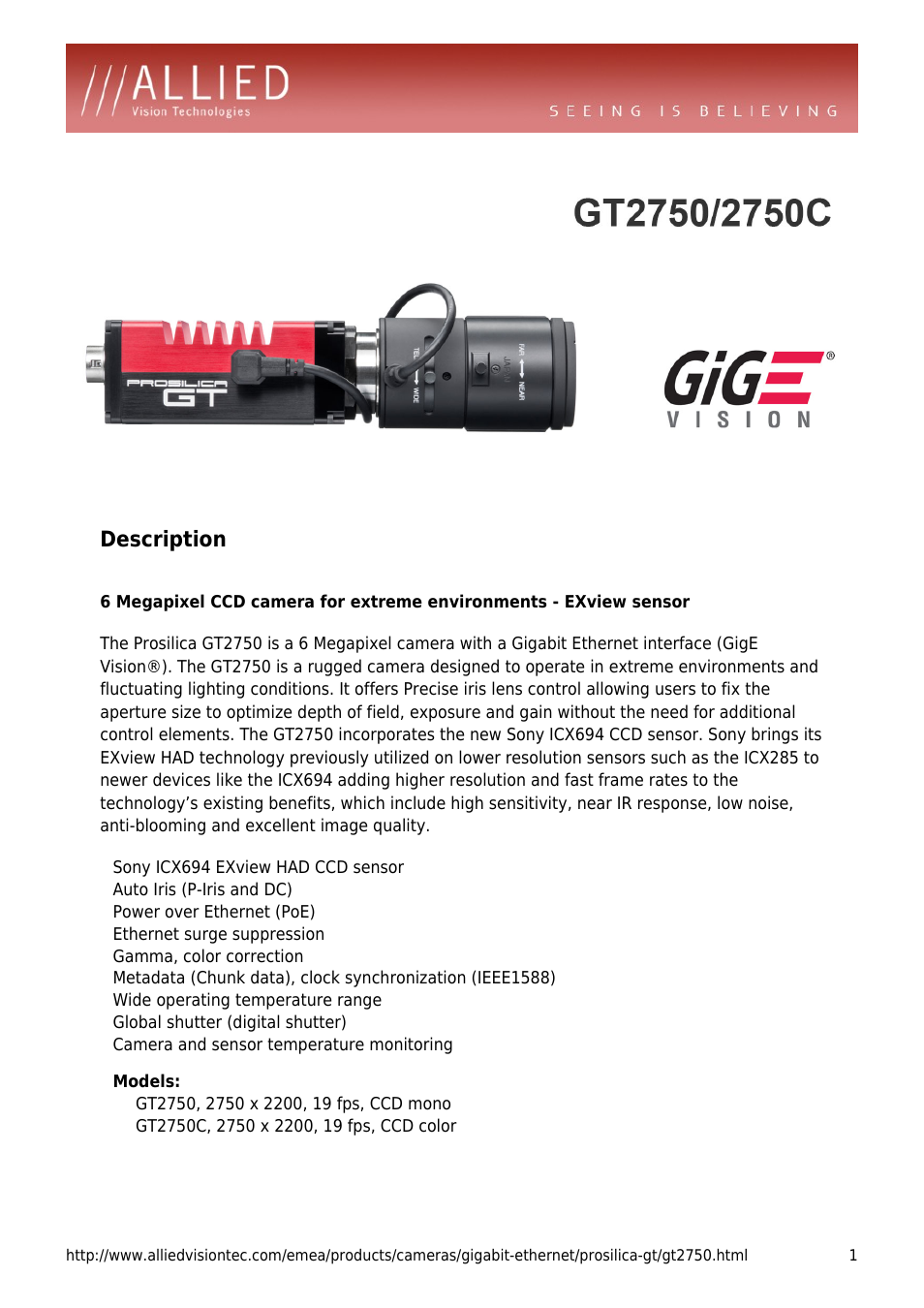 ALLIED Vision Technologies Prosilica GT2750 User Manual | 4 pages