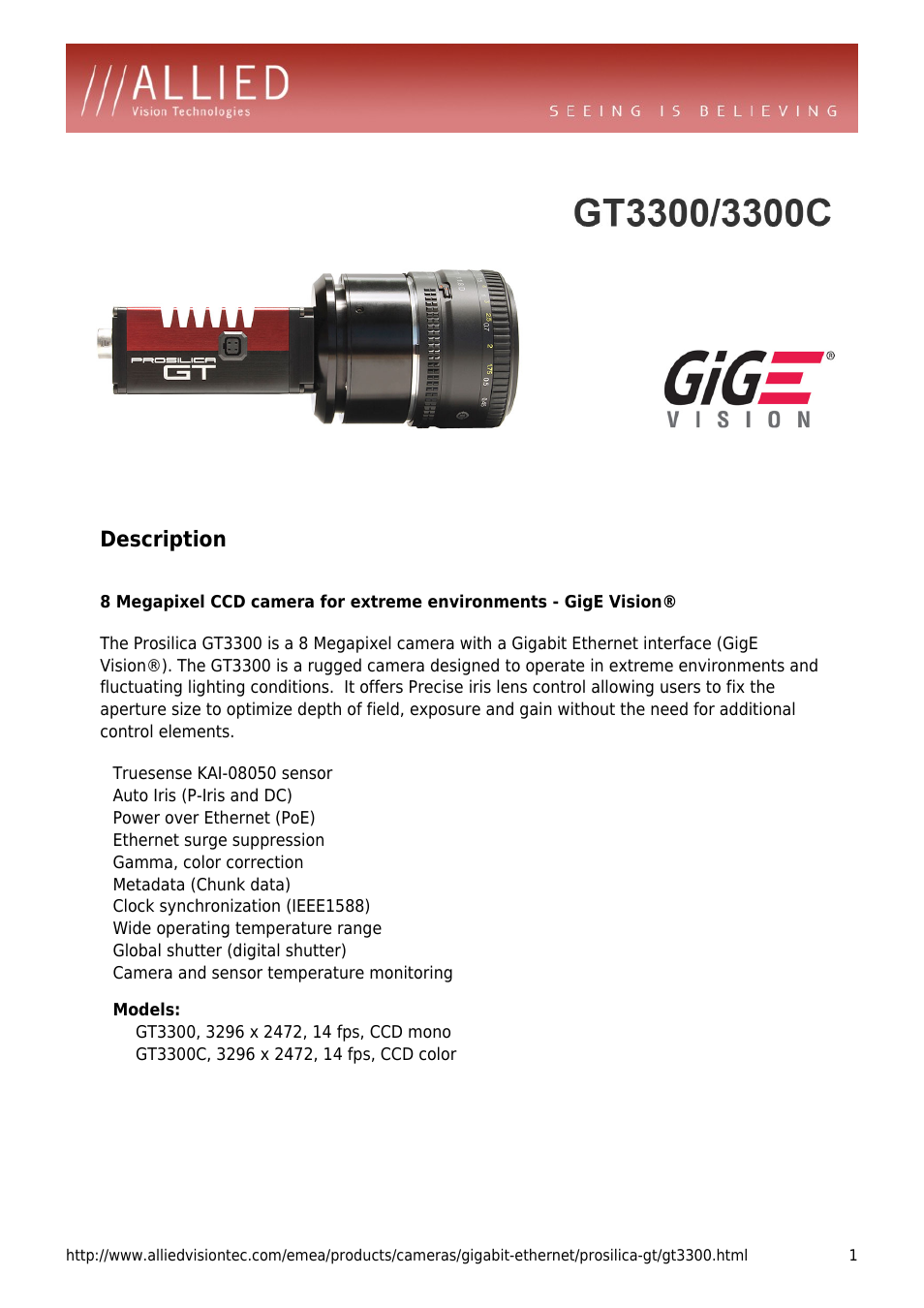 ALLIED Vision Technologies Prosilica GT3300 User Manual | 4 pages