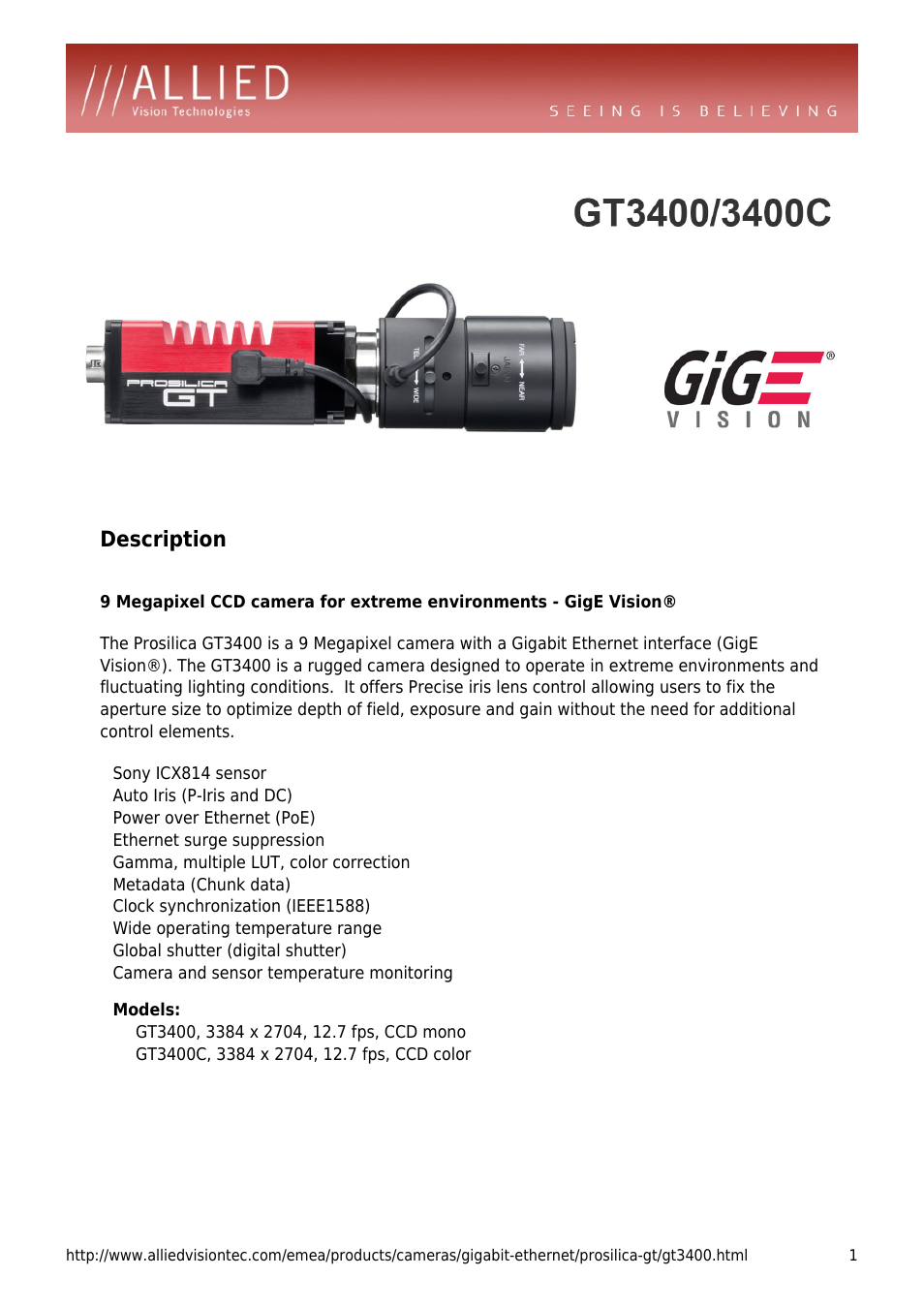 ALLIED Vision Technologies Prosilica GT3400 User Manual | 4 pages