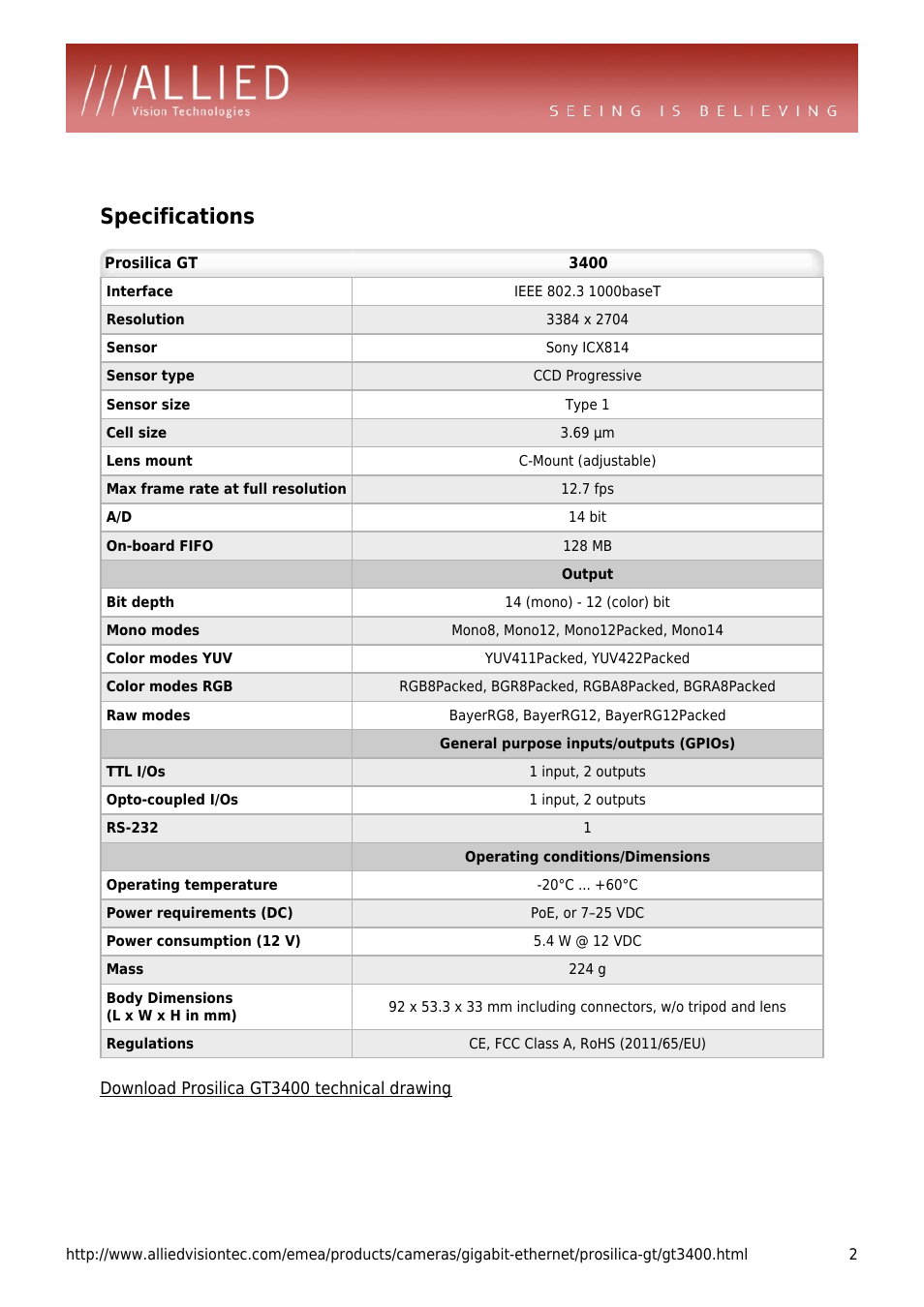 Specifications | ALLIED Vision Technologies Prosilica GT3400 User Manual | Page 2 / 4