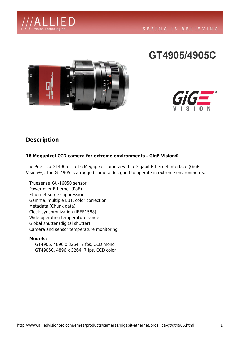 ALLIED Vision Technologies Prosilica GT4905 User Manual | 4 pages