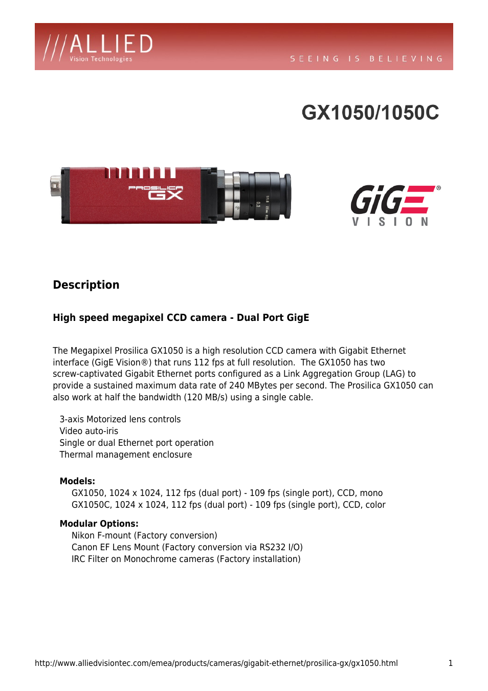 ALLIED Vision Technologies Prosilica GX1050 User Manual | 4 pages