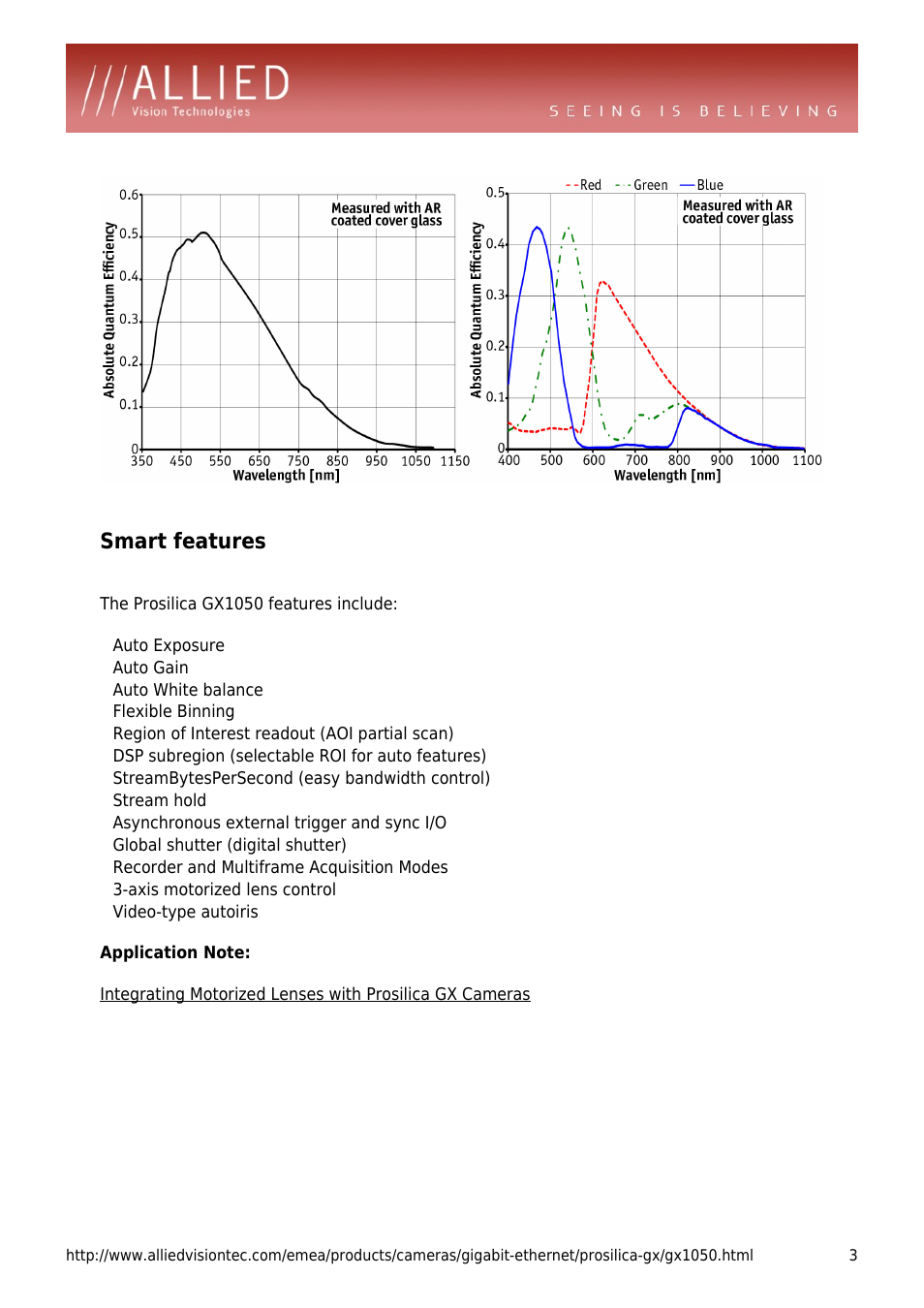 Smart features, Auto gain, Auto white balance | Flexible binning, Region of interest readout (aoi partial scan), Dsp subregion (selectable roi for auto features), Streambytespersecond (easy bandwidth control), Stream hold, Asynchronous external trigger and sync i/o, Global shutter (digital shutter) | ALLIED Vision Technologies Prosilica GX1050 User Manual | Page 3 / 4