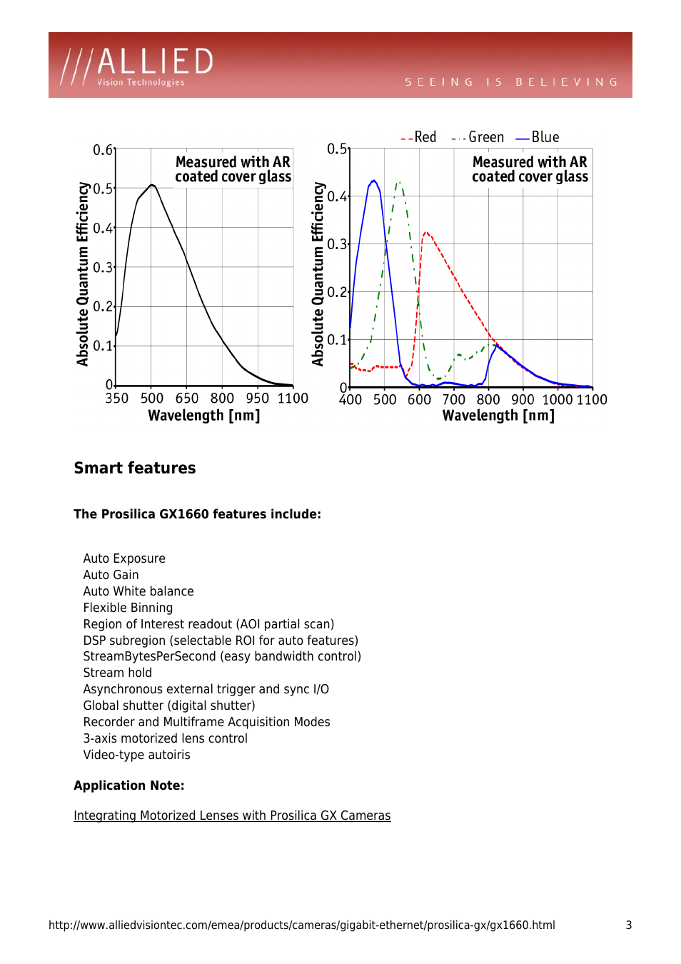 Smart features, Auto gain, Auto white balance | Flexible binning, Region of interest readout (aoi partial scan), Dsp subregion (selectable roi for auto features), Streambytespersecond (easy bandwidth control), Stream hold, Asynchronous external trigger and sync i/o, Global shutter (digital shutter) | ALLIED Vision Technologies Prosilica GX1660 User Manual | Page 3 / 4