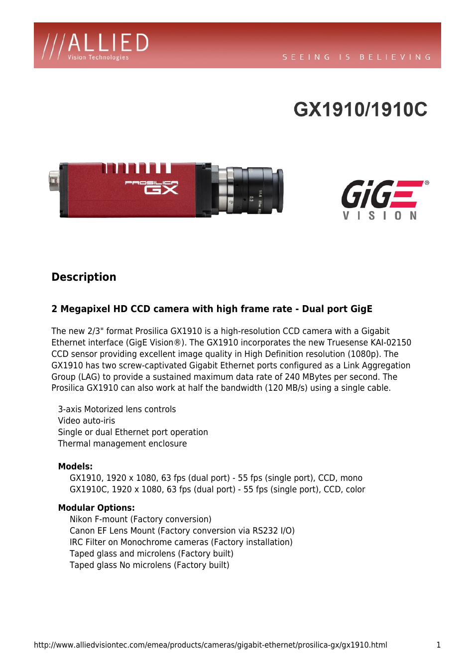 ALLIED Vision Technologies Prosilica GX1910 User Manual | 4 pages