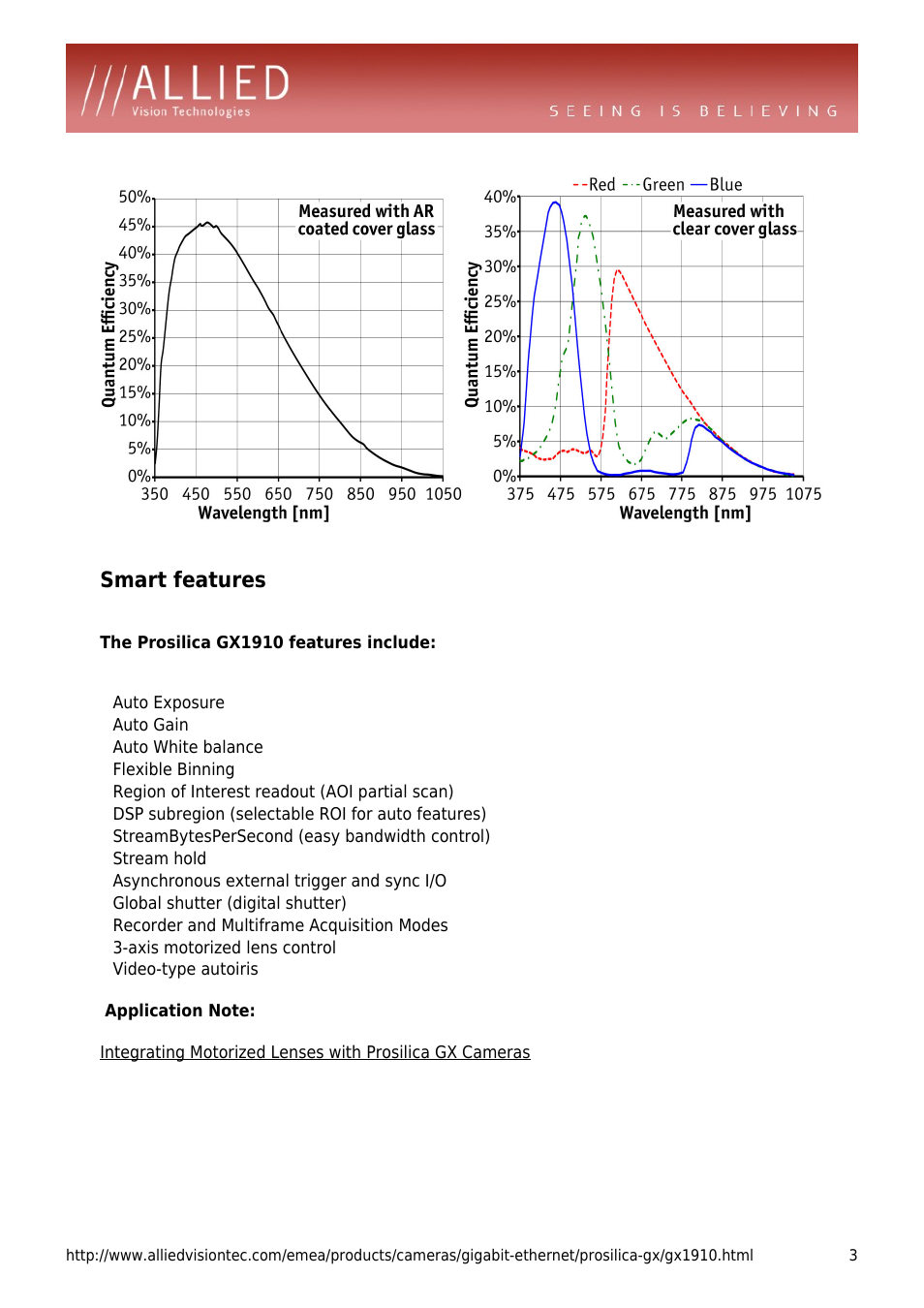 Smart features, Auto gain, Auto white balance | Flexible binning, Region of interest readout (aoi partial scan), Dsp subregion (selectable roi for auto features), Streambytespersecond (easy bandwidth control), Stream hold, Asynchronous external trigger and sync i/o, Global shutter (digital shutter) | ALLIED Vision Technologies Prosilica GX1910 User Manual | Page 3 / 4
