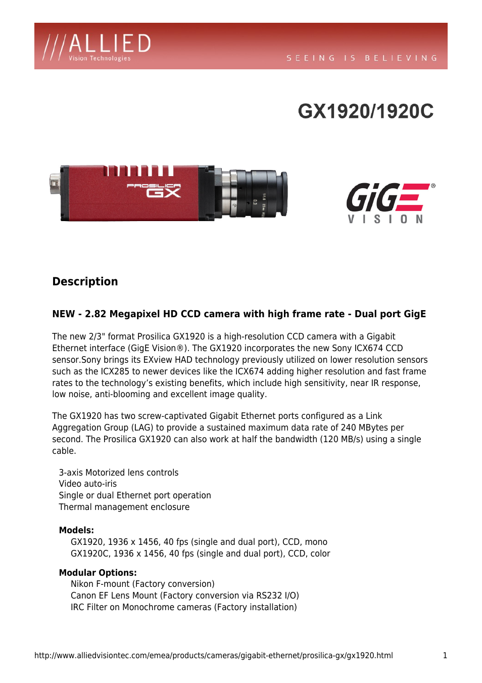 ALLIED Vision Technologies Prosilica GX1920 User Manual | 4 pages