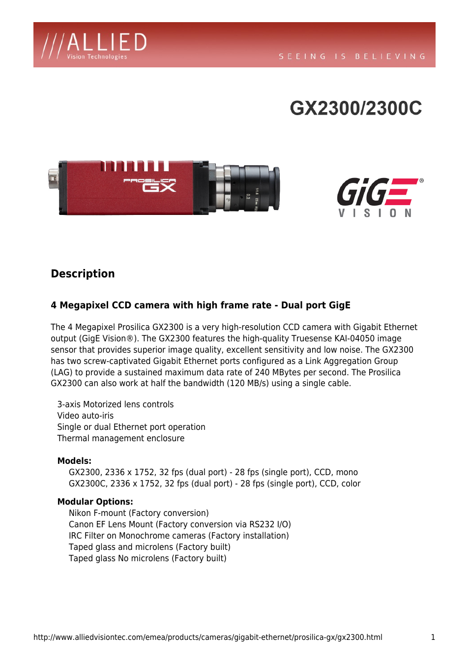 ALLIED Vision Technologies Prosilica GX2300 User Manual | 4 pages