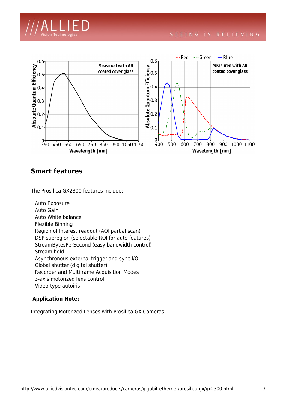 Smart features, Auto gain, Auto white balance | Flexible binning, Region of interest readout (aoi partial scan), Dsp subregion (selectable roi for auto features), Streambytespersecond (easy bandwidth control), Stream hold, Asynchronous external trigger and sync i/o, Global shutter (digital shutter) | ALLIED Vision Technologies Prosilica GX2300 User Manual | Page 3 / 4