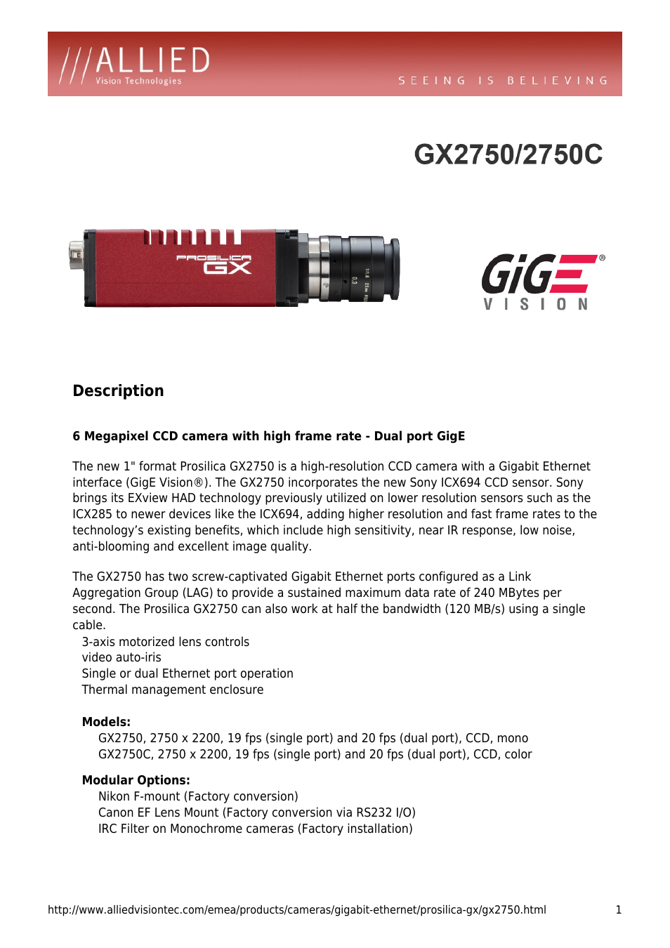 ALLIED Vision Technologies Prosilica GX2750 User Manual | 4 pages