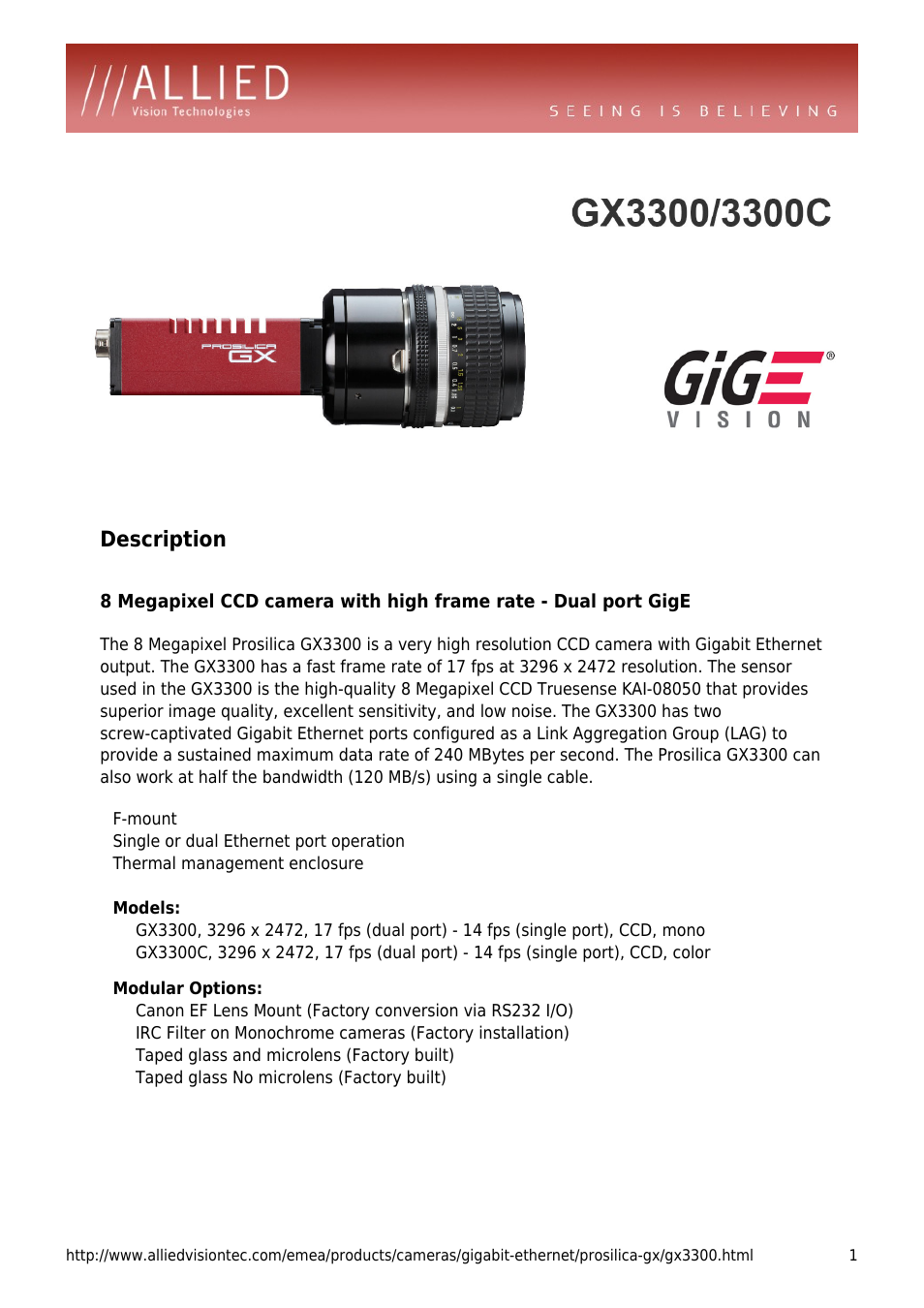 ALLIED Vision Technologies Prosilica GX3300 User Manual | 4 pages