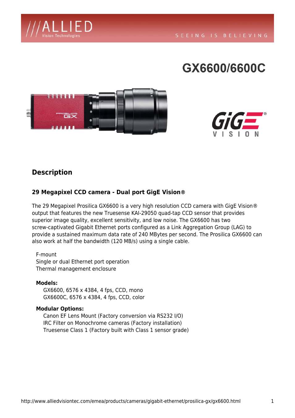 ALLIED Vision Technologies Prosilica GX6600 User Manual | 4 pages