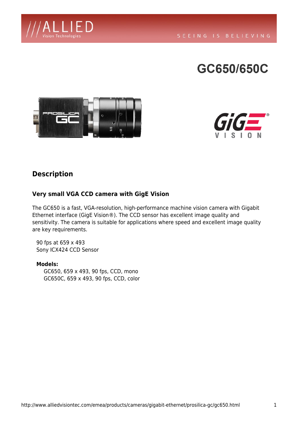 ALLIED Vision Technologies Prosilica GC650 User Manual | 4 pages