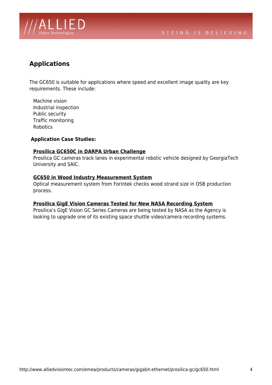 Applications | ALLIED Vision Technologies Prosilica GC650 User Manual | Page 4 / 4